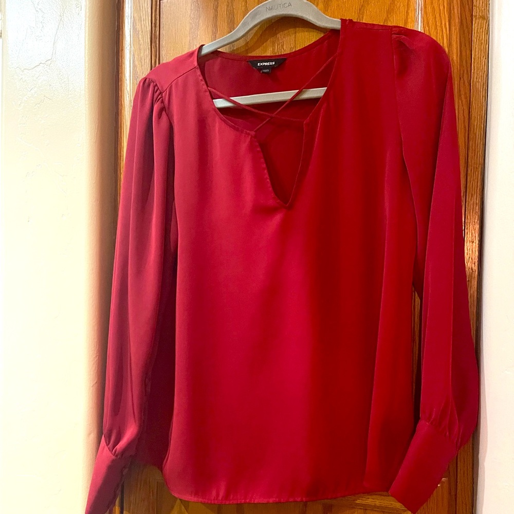 Express blouses colors red, royal blue, and green